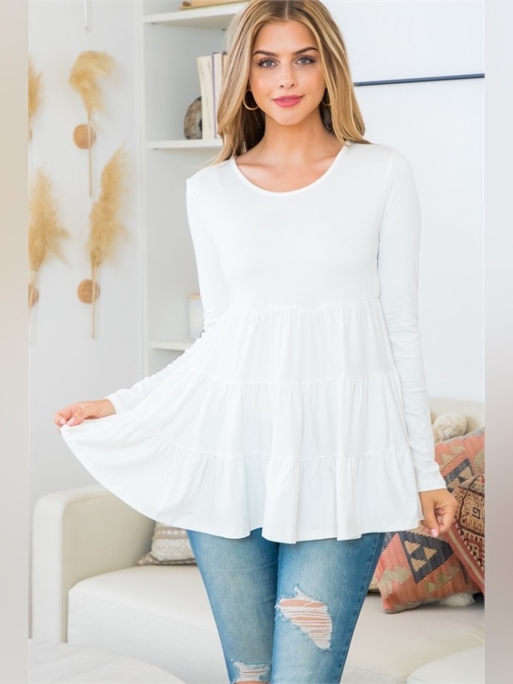 White Flowy Tiered Tunic Top Casual Long Sleeve